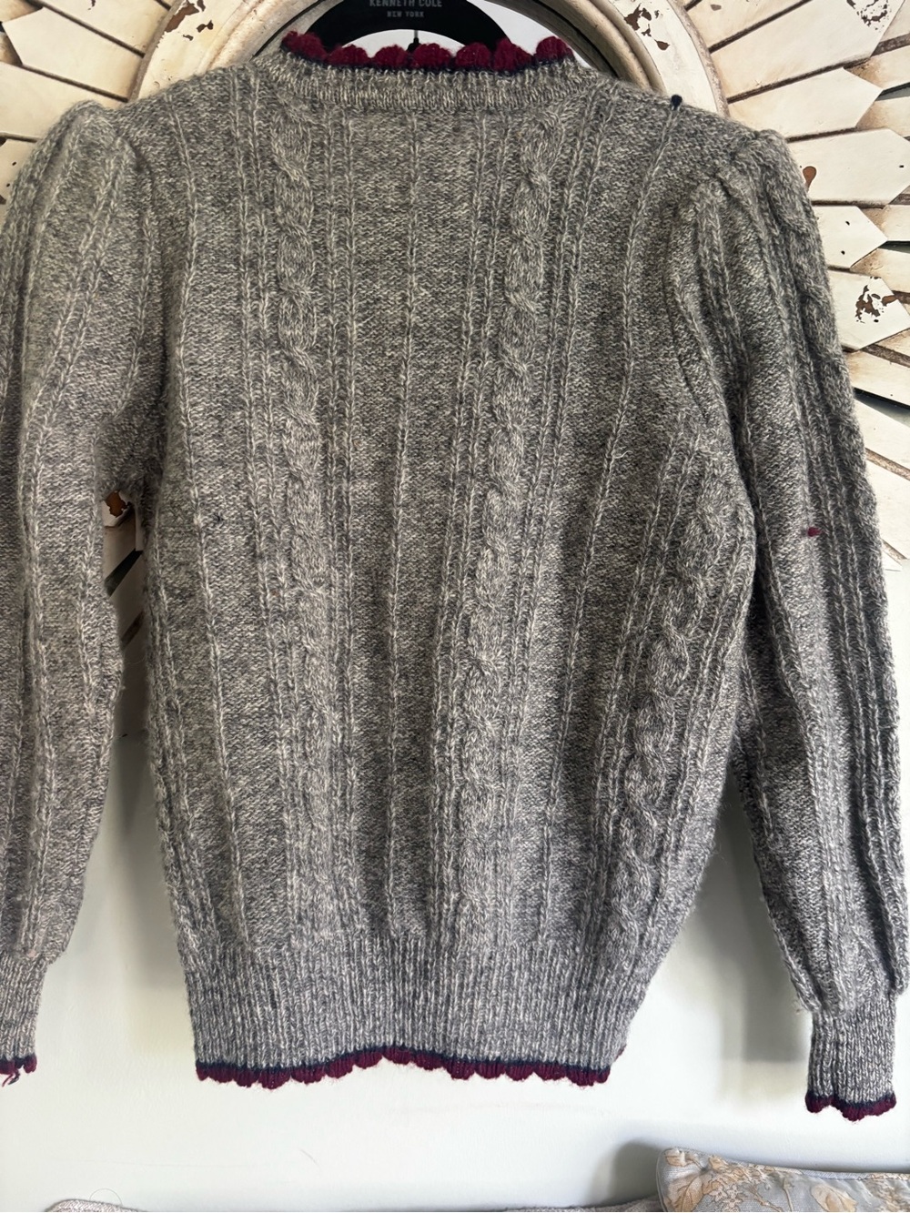 Vintage 80s SKYR Sportswear 100% Wool Cardigan Sweater Gray Cable Knit Hand Knit - Picture 12 of 13